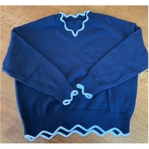 Navy Blue V Neck Sweater Scallop Trim Knit Pullover Women's Casual